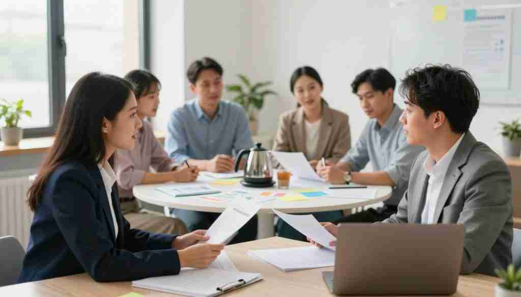A professional setting depicting the concept of "re-integration" for educators, showcasing a diverse group of teachers engaged in collaborative discussions. In the foreground, a male and female teacher, dressed in smart business attire, are actively brainstorming over papers and a laptop on a modern desk. In the middle, a round table with notes, a coffee pot, and educational materials, surrounded by three other educators, conveys an atmosphere of teamwork and support. The background features a bright, open office environment with large windows letting in natural light, creating a warm, inviting ambience. Subtle plants add a touch of nature. The mood is inspiring and hopeful, symbolizing the journey of re-integration in education. CareerSolution branding subtly incorporated into the workspace design.