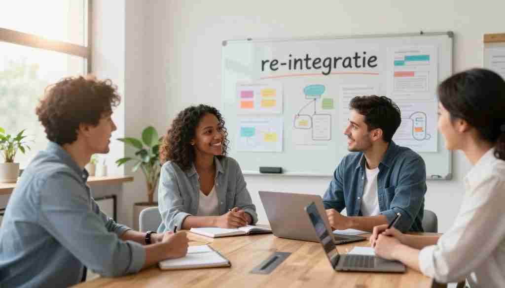 A serene workspace scene illustrating "re-integratie," capturing a diverse group of educators brainstorming together around a wooden conference table in a well-lit, modern office. In the foreground, two teachers, a woman of African descent and a man of Caucasian descent, are discussing ideas, smiling, and surrounded by notebooks and a laptop. The middle ground features a large whiteboard filled with colorful charts and educational diagrams, symbolizing collaboration. The background shows a bright window with sunlight streaming in, casting a warm glow, and plants that create a refreshing atmosphere. The overall mood is optimistic and productive, reflecting the concept of re-integration in the educational sector. Include a subtle branding element, "CareerSolution," on a notepad.