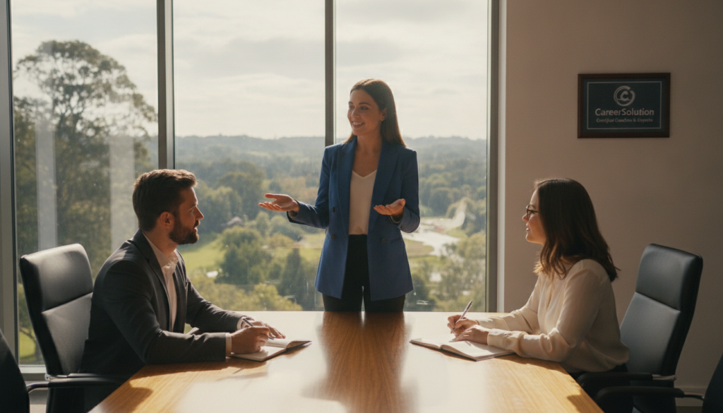 A bright and inspiring office setting where a diverse group of three professional individuals, dressed in smart business attire, are engaged in a productive discussion around a wooden table. One person is enthusiastically sharing a success story about career reintegration, while others listen attentively, taking notes. In the background, through large windows, a scenic view of nature with greenery symbolizes hope and growth, bathed in warm, natural light that creates a positive atmosphere. A subtle shadowing technique enhances the depth, bringing focus to the group's interaction. The mood is motivational and empowering, capturing the essence of successful reintegration journeys led by CareerSolution's certified coaches and experts.