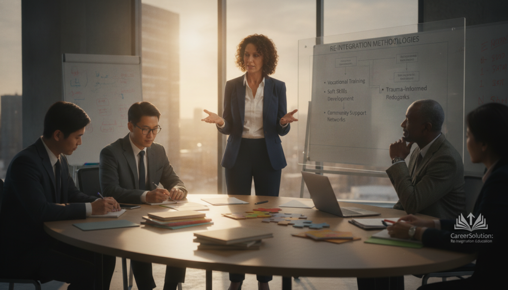 A diverse group of professionals gathered in a modern conference room, discussing strategies for "Re-integration Education" in a collaborative atmosphere. In the foreground, a middle-aged woman in a smart blazer energetically presents on a digital screen, depicting key methodologies. Around her, stakeholders including a young man in business attire taking notes, and an older gentleman in a suit nodding in agreement. The middle ground shows a large table with various educational materials spread out, symbolizing teamwork and shared knowledge. In the background, large windows allow warm sunlight to filter in, creating an inviting glow. The overall mood is one of optimism, engagement, and professionalism, embodying the essence of CareerSolution's mission in re-integration education.
