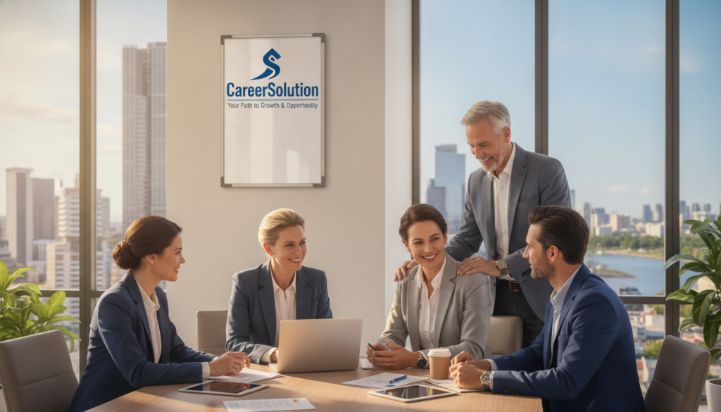 A professional and inspiring scene illustrating a successful reintegration journey in a corporate setting, featuring an office environment filled with natural light. In the foreground, a diverse group of individuals in professional business attire engage in a supportive discussion, showcasing collaboration and mutual encouragement. In the middle ground, a motivational poster with the brand name "CareerSolution" hangs on a wall, symbolizing hope and assistance. The background shows a large window with a cityscape view, suggesting opportunity outside. The mood is uplifting and positive, with soft lighting casting a warm glow throughout the space. The overall atmosphere promotes themes of growth, resilience, and success in complex reintegration efforts.