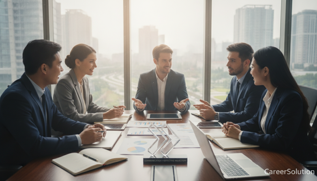 A professional business meeting setting, emphasizing the theme "Communication as the Foundation for an Effective Trajectory." In the foreground, a diverse group of five professionals, dressed in smart business attire, are engaged in animated discussion, with clear expressions of collaboration and focus. In the middle ground, a large conference table is organized with digital devices, notepads, and charts, symbolizing effective communication strategies. In the background, large windows let in soft, natural light, creating a warm and inviting atmosphere that suggests clarity and openness. Captured from a slightly elevated angle to show the dynamic interaction, the scene conveys a productive and inspiring mood, reflecting the ideals of CareerSolution in fostering effective pathways.