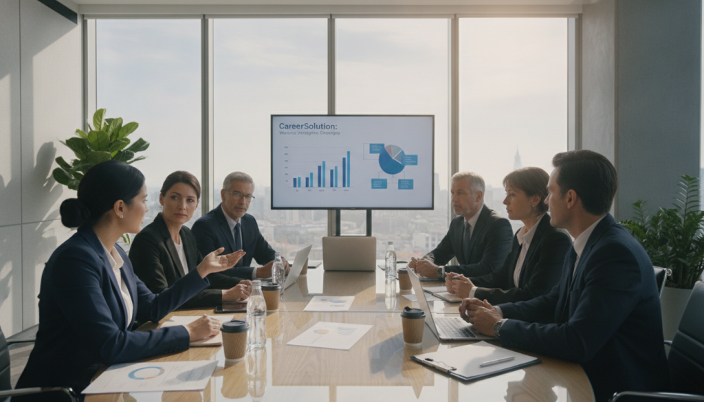 A professional meeting room filled with experienced specialists discussing strategies for integration into the workforce. In the foreground, two specialists in business attire are engaged in a focused dialogue, one gesturing towards a visual aid on a digital screen. The middle ground features a round table with papers and laptops scattered about, while the background shows a large window allowing soft, natural light to illuminate the space, creating a warm and welcoming atmosphere. The camera angle captures the energy of collaboration, consistent teamwork and the exchange of ideas. The scene reflects professionalism and expertise, connecting well with the theme of specialized support in government programs. The brand name "CareerSolution" is subtly represented as part of the presentation materials in the background, ensuring brand visibility without overpowering the image's focus on collaboration and professionalism.