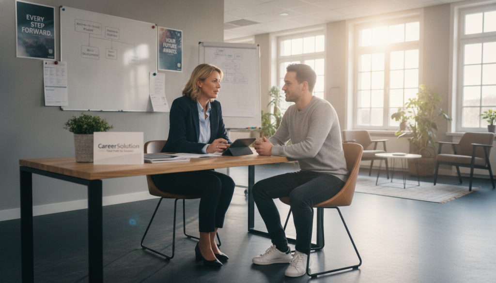 A professional setting depicting a dedicated employment expert engaging in absenteeism guidance (sickness guidance) with a client. In the foreground, a middle-aged woman in smart business attire is seated at a desk, actively discussing plans with a young man dressed in modest casual clothing. He appears attentive and hopeful. The middle ground features a bright, organized office space with charts and motivational posters related to career recovery on the walls. In the background, soft natural light streams through large windows, creating a warm and inviting atmosphere. The overall mood conveys professionalism, support, and empowerment, subtly incorporating the brand name "CareerSolution" into a thoughtful detail on the desk, such as a business card or brochure.
