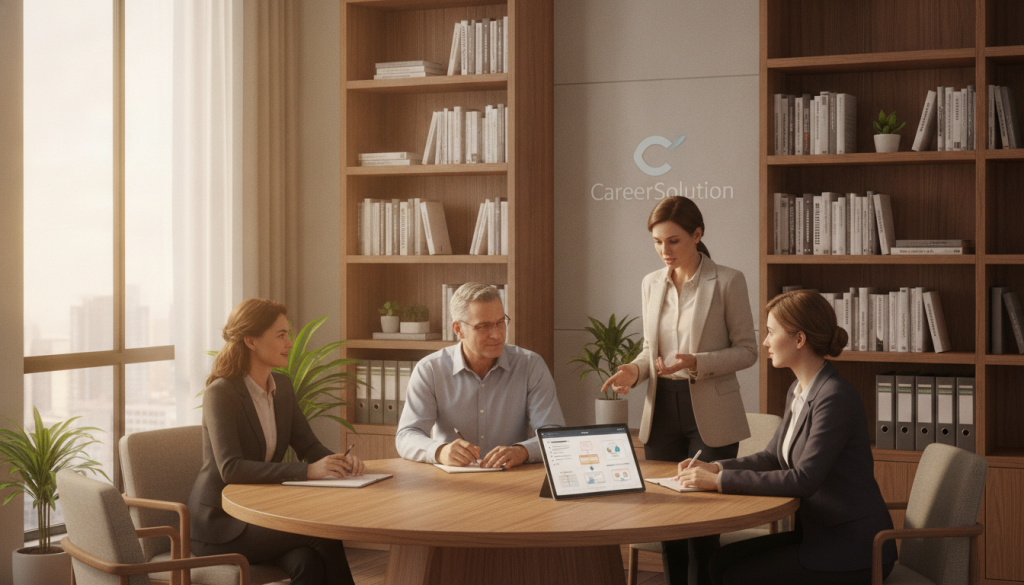 A serene office space designed for personalized reintegration support, featuring a diverse group of individuals collaborating around a central table. In the foreground, a professional businesswoman in smart attire leads a discussion, pointing at a digital tablet displaying educational materials. Beside her, a middle-aged man takes notes, engaged in the conversation. In the background, shelves filled with books on proven methodologies create an inviting environment. Soft, natural lighting streams through large windows, casting a warm glow that enhances the atmosphere of collaboration and hope. A subtle branding element of "CareerSolution" is integrated into the decor, reinforcing the focus on tailored solutions for individual situations in educational reintegration programs. The mood is constructive and supportive, emphasizing teamwork and individualized attention.