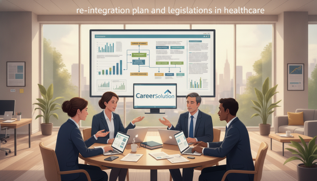 A visually engaging illustration representing "re-integration plan and legislation in healthcare." In the foreground, a diverse group of professionals in business attire is engaged in a discussion, surrounded by documents and laptops, emphasizing collaboration. The middle section features a large whiteboard covered in charts and legal texts, with keywords related to healthcare re-integration prominently displayed. The background depicts a modern office space with natural light filtering through large windows, enhancing the atmosphere of professionalism and hope. The color palette is warm and inviting, creating a positive mood around the theme of support and guidance. Include subtle branding related to "CareerSolution" in the environment.